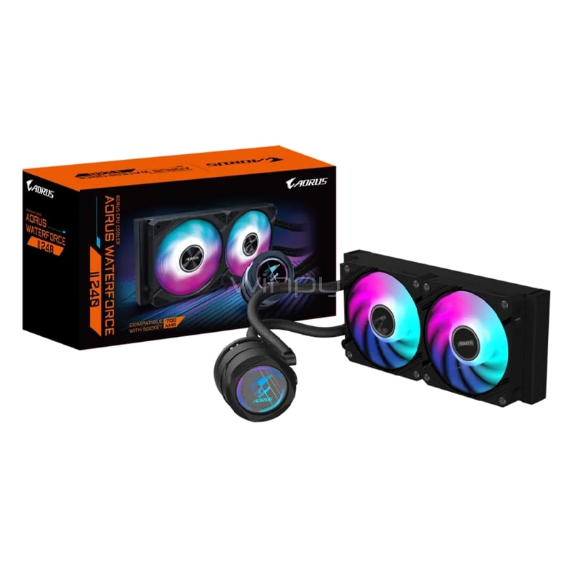 Refrigeración Líquida Gigabyte AORUS WATERFORCE II 240 (LGA1851/AM5, 120mm x2 ARGB, 2300rpm, Negro)