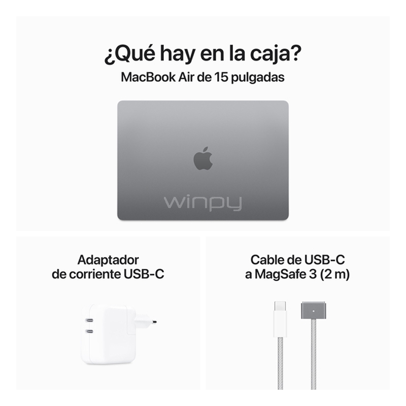 Apple MacBook Air de 15.3“ (Chip M3, 16GB RAM, 256GB SSD, Principios 2024, Space Gray)