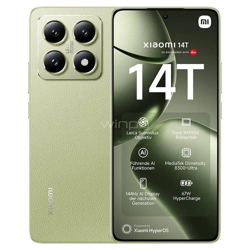 Celular Xiaomi 14T EU de 6.67“ (OctaCore, 12GB RAM, 512GB Internos, Lemon Green)