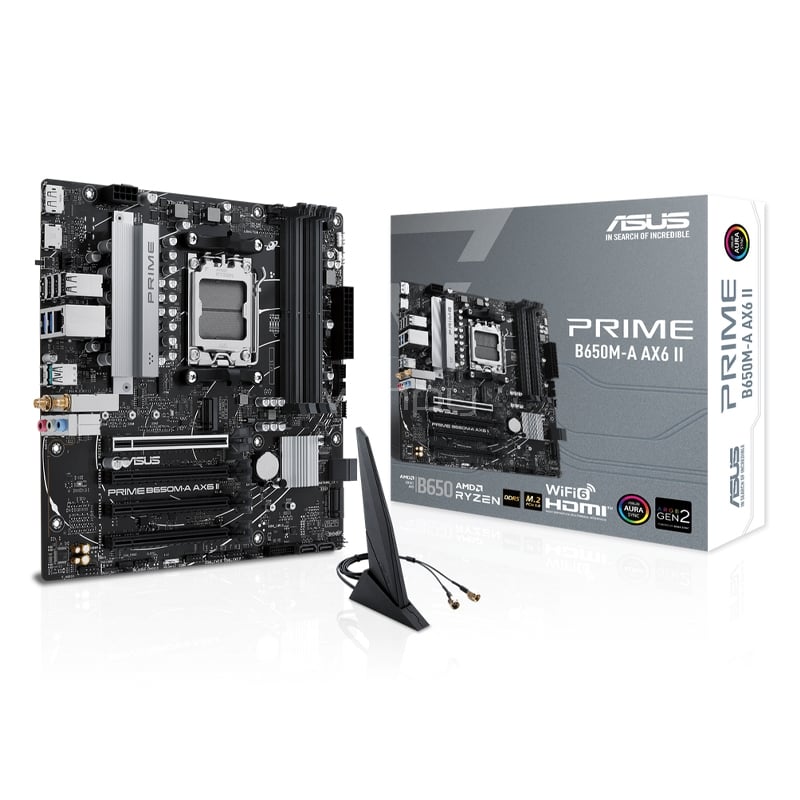 Placa Madre ASUS PRIME B650M-A AX6 II (AM5, DDR5 4800/7600+MHz, M.2 x3, Micro ATX)