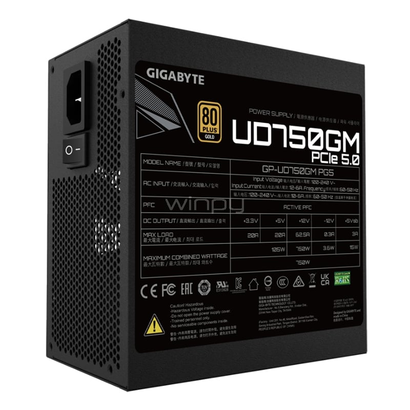 Fuente de Poder Gigabyte UD750GM PG5 de 750W (Full Modular, Certificada 80+ Gold, ATX)