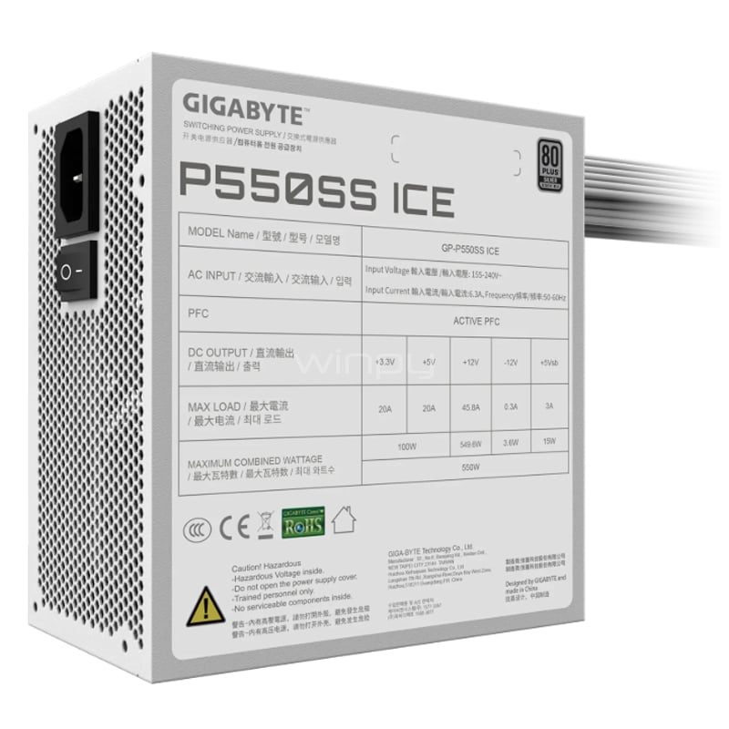 Fuente de Poder Gigabyte P550SS ICE de 550W (Certificada 80+ Silver, ATX 3.1, Blanca)