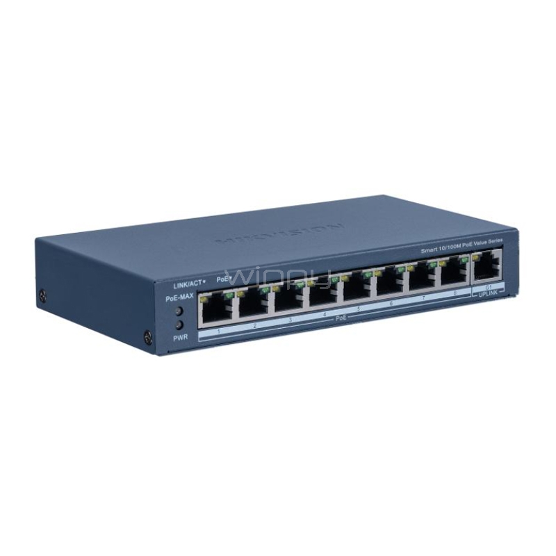 Switch Hikvision POE inteligente Fast Ethernet de 8 puertos (8x PoE de 10/100 Mbps + 1 Gigabit RJ45, hasta 60W)