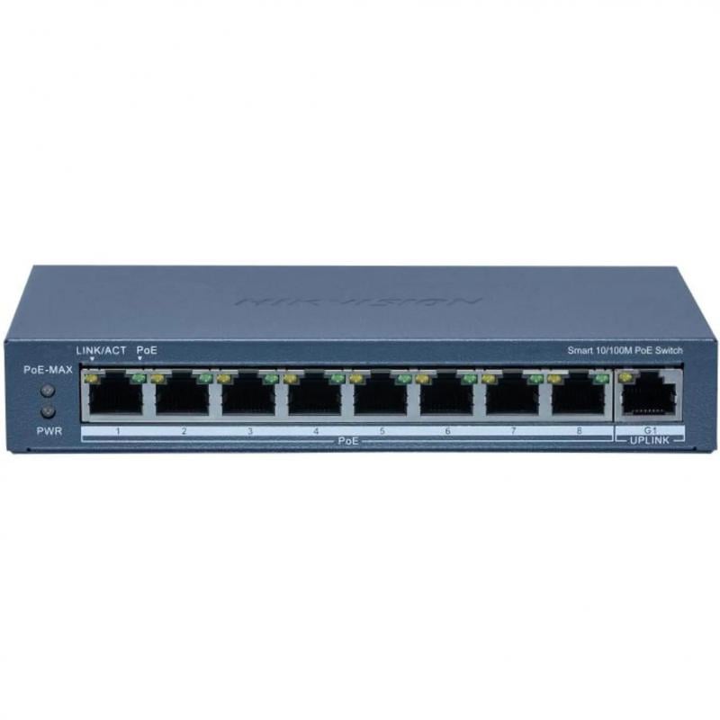 Switch Hikvision POE inteligente Fast Ethernet de 8 puertos (8x PoE de 10/100 Mbps + 1 Gigabit RJ45, hasta 60W)