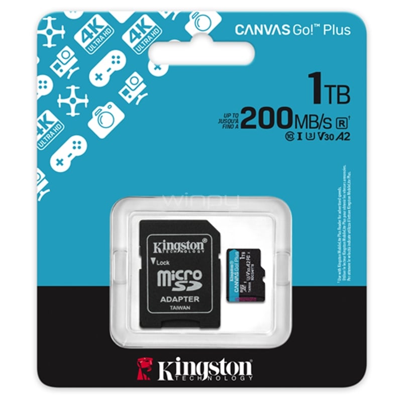 Tarjeta MicroSD Kingston Canvas Go! Plus de 1TB (U3, V30, hasta 200MB/s, Adaptador SD)