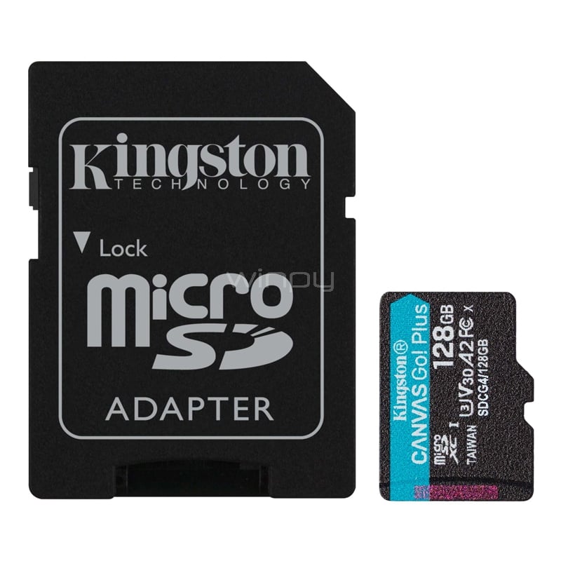 Tarjeta MicroSD Kingston Canvas Go! Plus de 128GB (U3, V30, hasta 200MB/s, Adaptador SD)