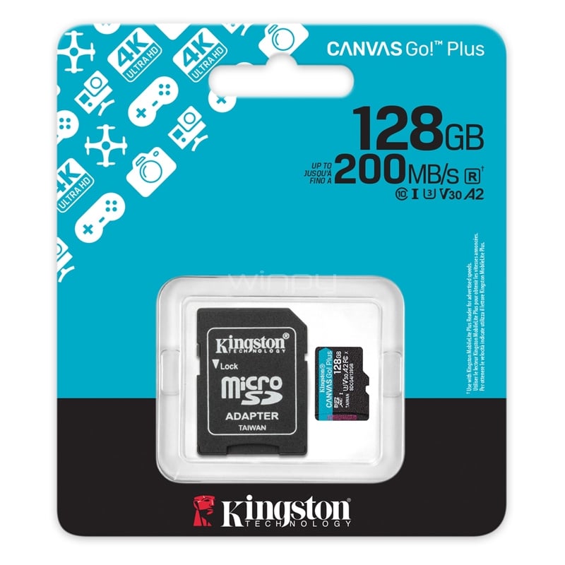 Tarjeta MicroSD Kingston Canvas Go! Plus de 128GB (U3, V30, hasta 200MB/s, Adaptador SD)
