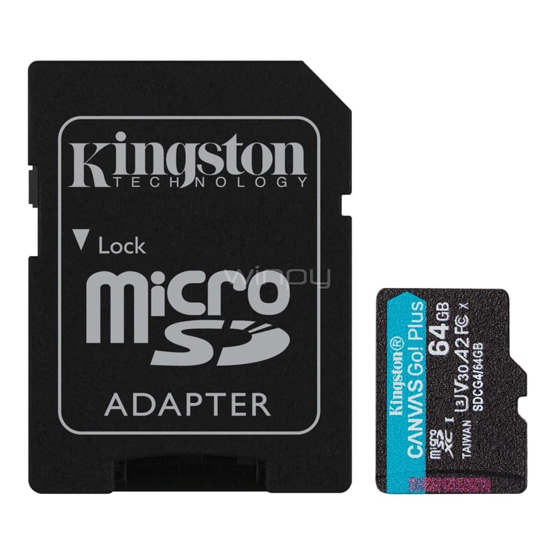 Tarjeta MicroSD Kingston Canvas Go! Plus de 64GB (U3, V30, hasta 200MB/s, Adaptador SD)