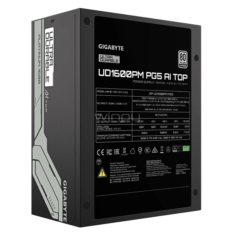 Fuente de Poder Gigabyte UD1600PM PG5 AI TOP (Full Modular, Certificada 80+ Platino, ATX)