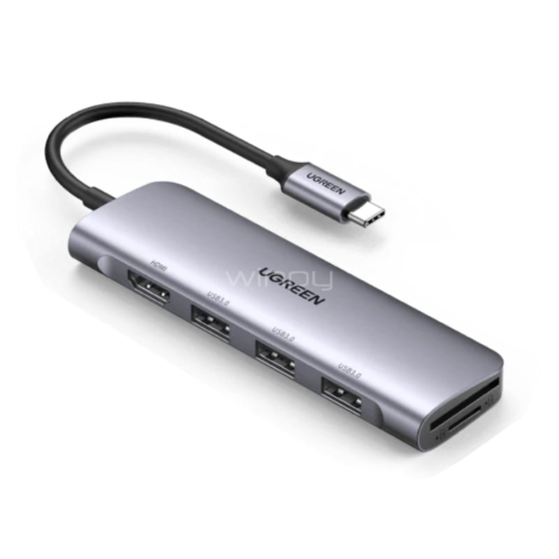 Adaptador Multipuerto HUB UGREEN USB-C (HDMI 4K, USB-A, microSD/ SD, Gris)