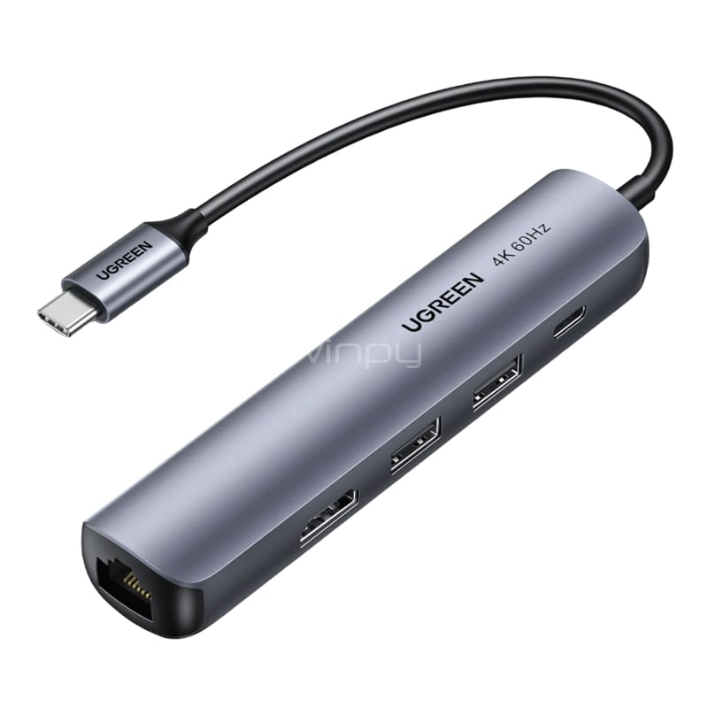 Adaptador Multipuerto HUB UGREEN USB-C (HDMI 4K/30Hz, USB-A, USB-C, PD 100W, Gris)