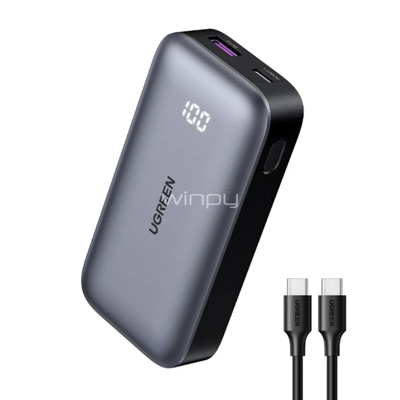 Batería Portátil UGREEN 10.000mAh (Carga Rápida, USB-C 30W, USB-A 22.5W, Gris)