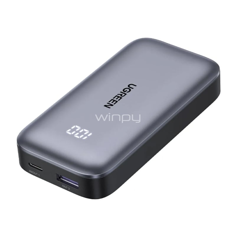 Batería Portátil UGREEN 10.000mAh (Carga Rápida, USB-C 30W, USB-A 22.5W, Gris)