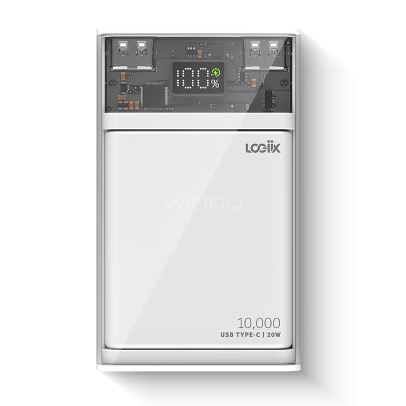 Batería Portátil LOGiiX Piston Power 10.000 mAh (USB-C, USB-A, USB-C, PD 20W, Cristal/ White)