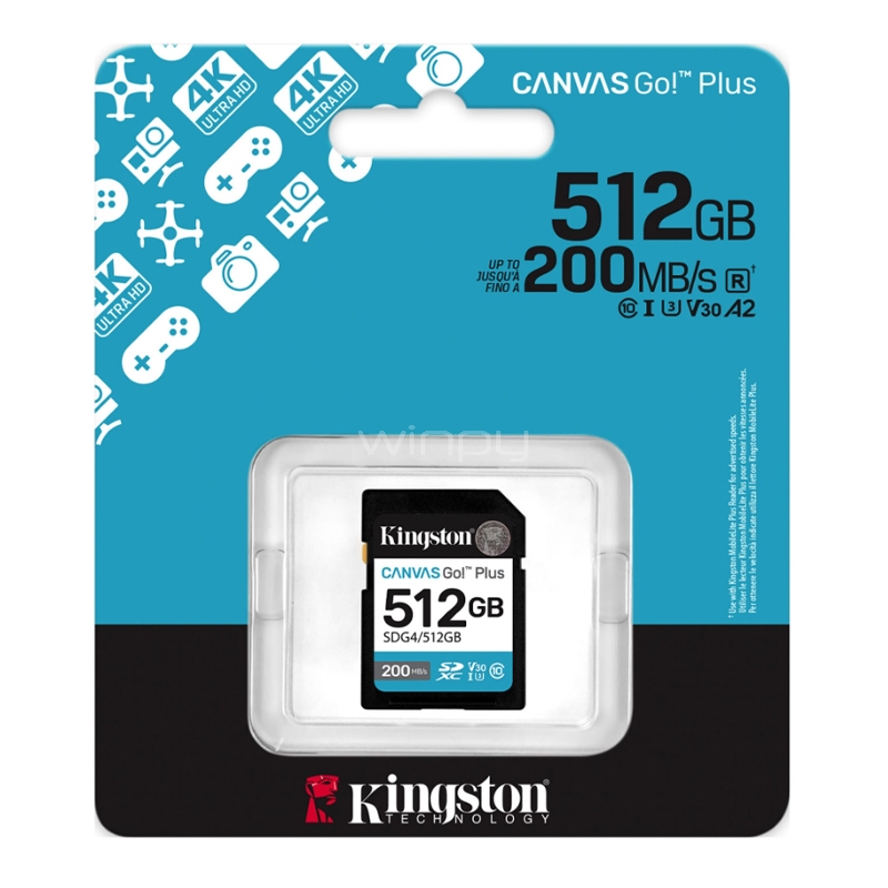 Tarjeta SD Kingston Canvas Go! Plus de 512GB (V30, UHS-I U3, Class10, Hasta 200 MB/s)