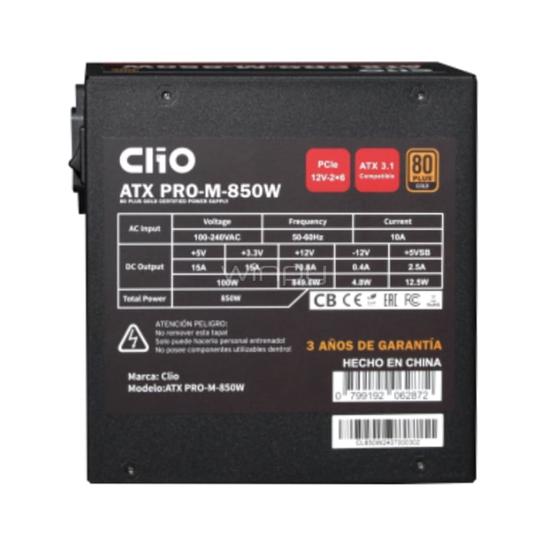 Fuente de Poder Clio ATX PRO M de 850W FM (Full Modular, Certificada 80+ Gold, ATX)
