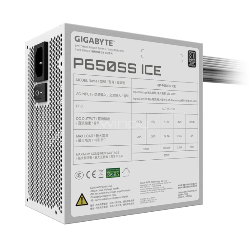 Fuente de Poder Gigabyte P650SS ICE de 650W (Certificada 80+ Silver, ATX 3.0)