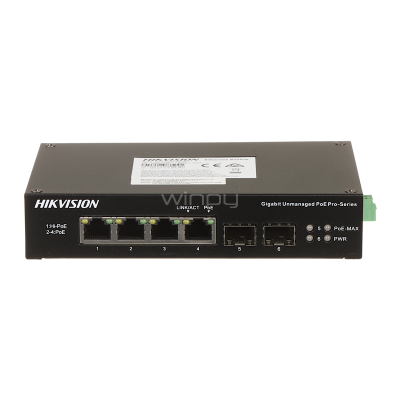 Switch Hikvision DS-3T0506HP-E/HS de 4 Puertos (Gigabit, 12Gbps, PoE 65W)