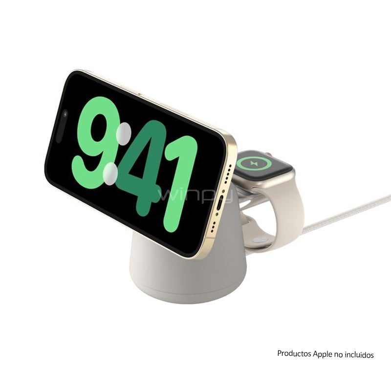 Cargador Inalámbrico 2 en 1 Belkin BoostCharge Pro (15W, MagSafe, Qi2, Blanco)
