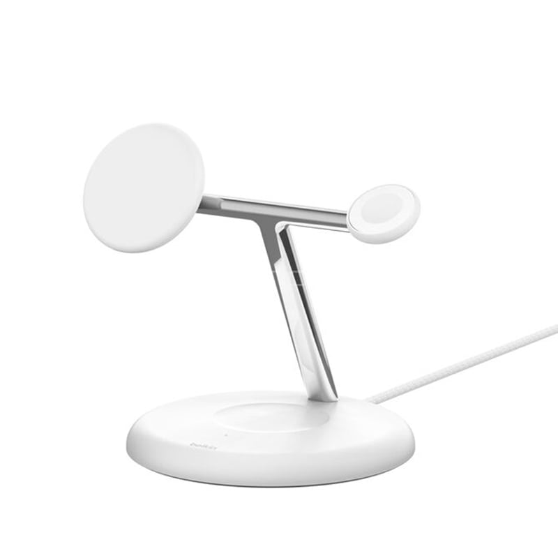 Cargador Inalámbrico 3 en 1 Belkin BoostCharge Pro (15W, Inclinación 90°, MagSafe, Qi2, Blanco)