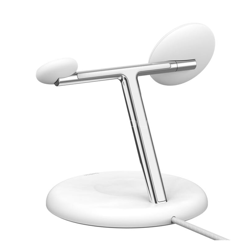 Cargador Inalámbrico 3 en 1 Belkin BoostCharge Pro (15W, Inclinación 90°, MagSafe, Qi2, Blanco)