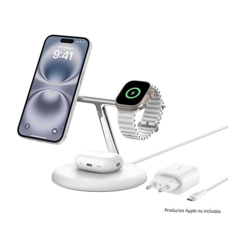Cargador Inalámbrico 3 en 1 Belkin BoostCharge Pro (15W, Inclinación 90°, MagSafe, Qi2, Blanco)