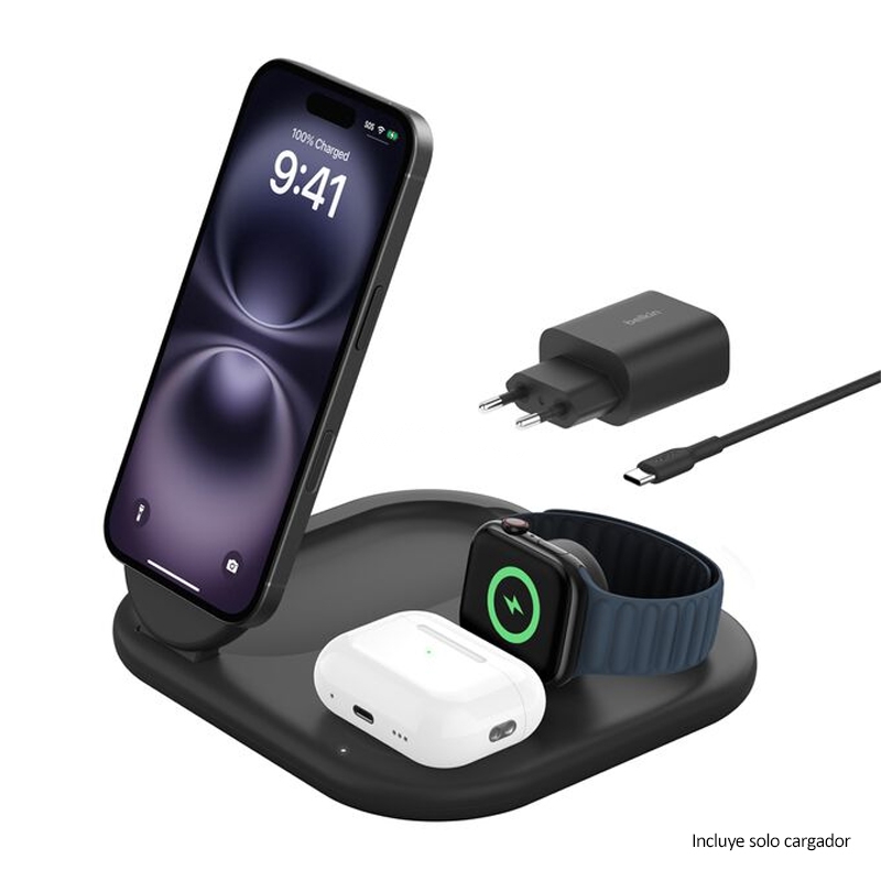 Cargador Inalámbrico 3 en 1 Belkin BoostCharge (15W, MagSafe, Qi2, Negro)