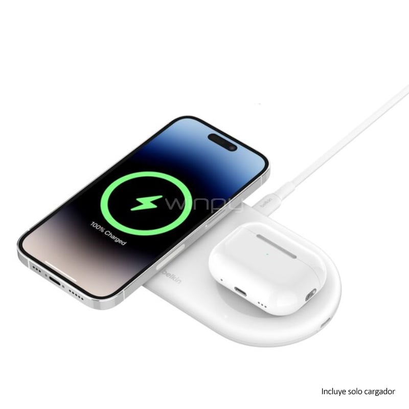 Cargador Inalámbrico 2 en 1 Belkin BoostCharge Pro (15W, MagSafe, Qi2, USB-C, Blanco)