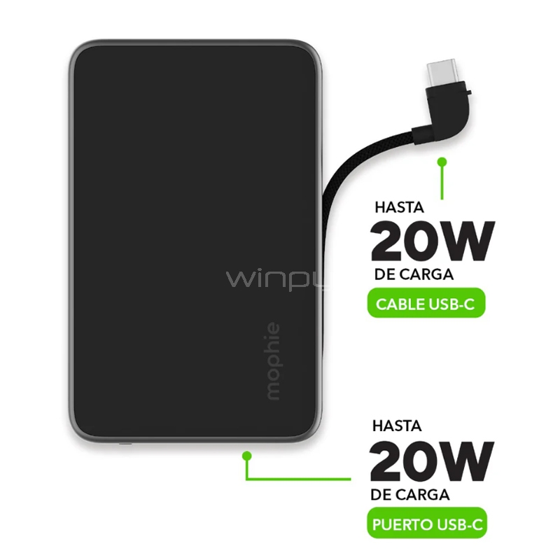 Batería Portátil Mophie Powerstation Plus Mini 5000mAh (USB-C 20 W, Carga Rápida, Negro)