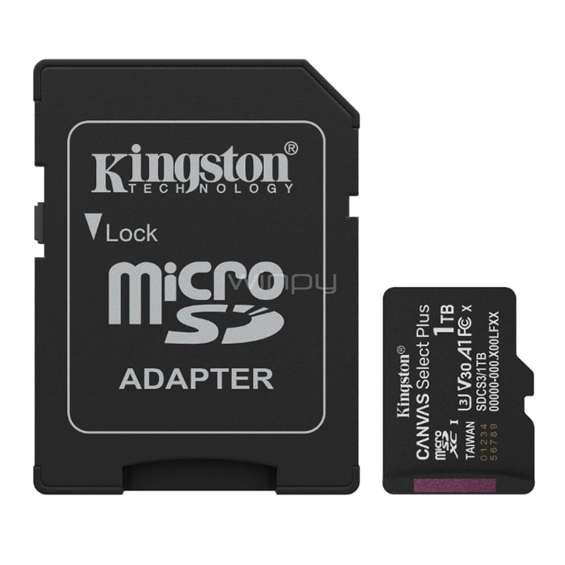 Tarjeta MicroSD Kingston Canvas Select Plus de 1TB (U3, V30, UHS-I, hasta 150MB/s, Adaptador SD)