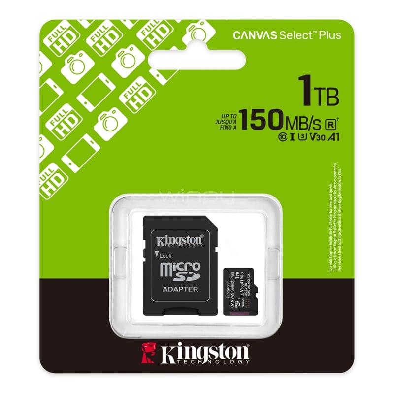 Tarjeta MicroSD Kingston Canvas Select Plus de 1TB (U3, V30, UHS-I, hasta 150MB/s, Adaptador SD)