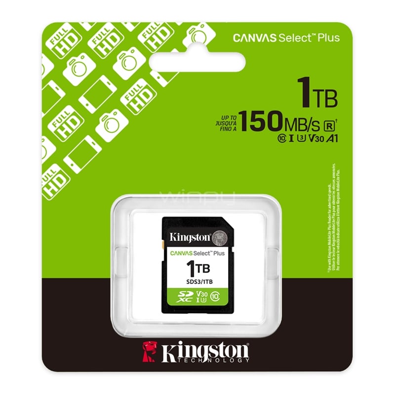 Tarjeta SD Kingston Canvas Select Plus de 1TB (U3, V30, Clase 10 UHS-I, hasta 150MB/s)