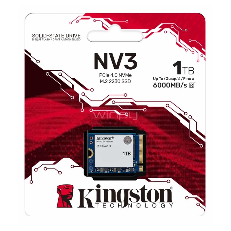 Unidad SSD Kingston NV3 de 1TB (NVMe 4.0, M.2 2230, Hasta 6.000Mbps)