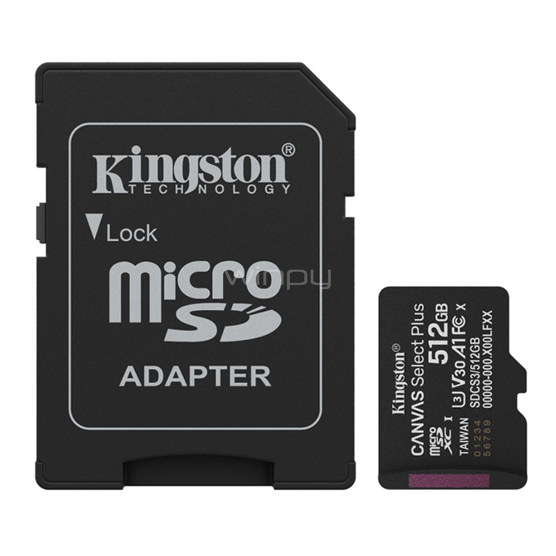Tarjeta MicroSD Kingston Canvas Select Plus de 512GB (U3, V30, hasta 150MB/s, Adaptador SD)
