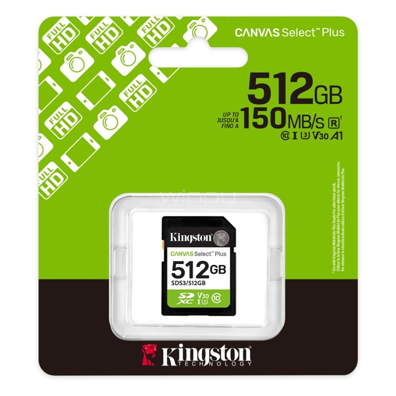 Tarjeta SD Kingston Canvas Select Plus de 512GB (U3, V30, Clase 10 UHS-I, hasta 150MB/s)