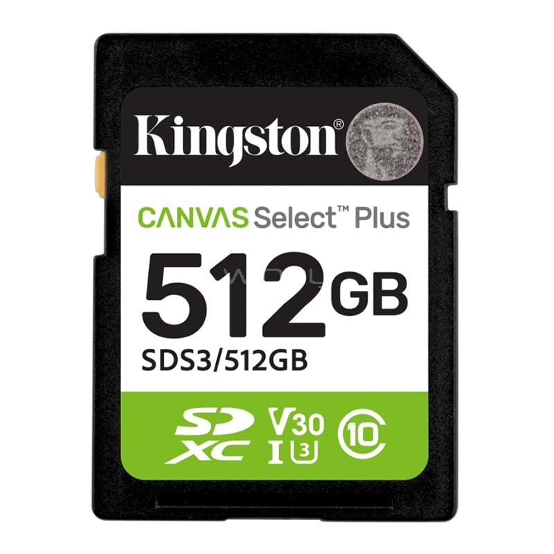 Tarjeta SD Kingston Canvas Select Plus de 512GB (U3, V30, Clase 10 UHS-I, hasta 150MB/s)