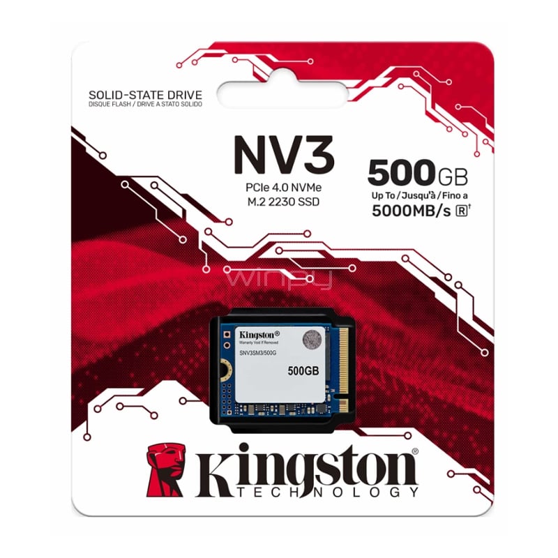Unidad SSD Kingston NV3 de 500GB (NVMe 4.0, M.2 2230, Hasta 5.000Mbps)