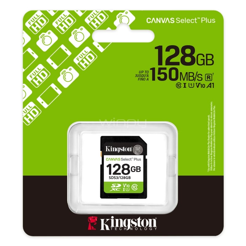 Tarjeta SD Kingston Canvas Select Plus Gen3 de 128GB (U1, V10, Clase 10 UHS-I, hasta 150MB/s)