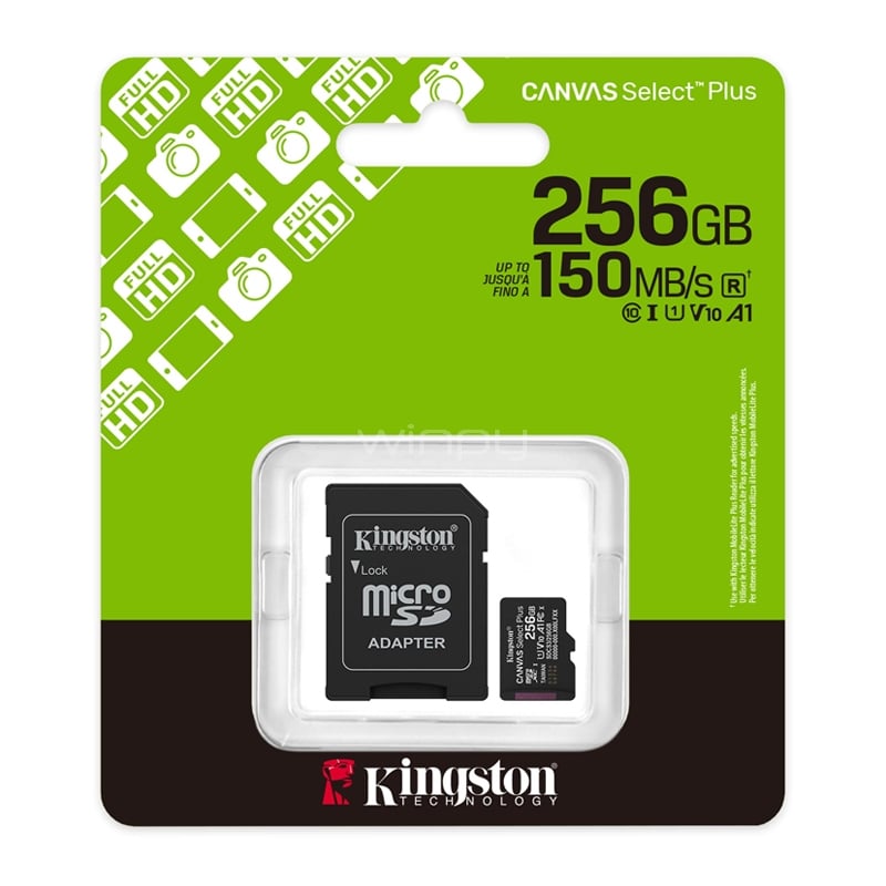 Tarjeta MicroSD Kingston Canvas Select Plus de 256GB (U1, V10, hasta 150MB/s, Adaptador SD)