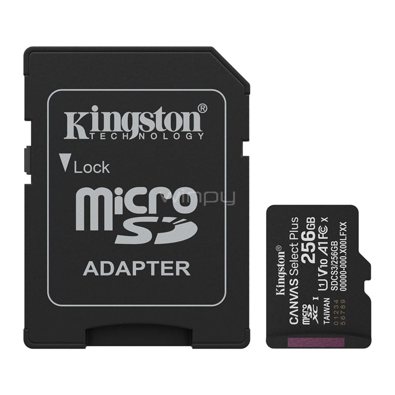 Tarjeta MicroSD Kingston Canvas Select Plus de 256GB (U1, V10, hasta 150MB/s, Adaptador SD)