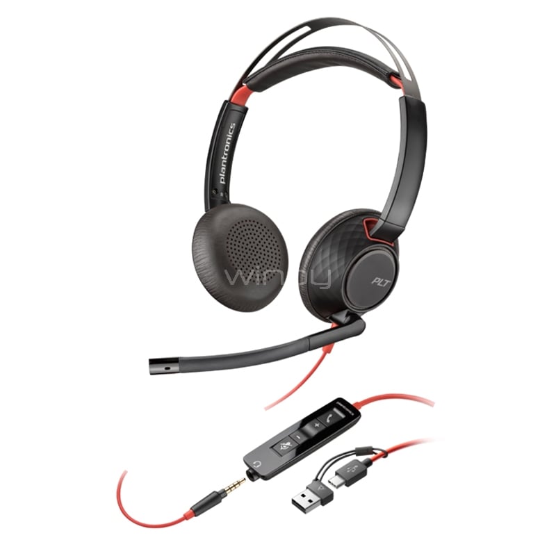 Audífonos Poly Blackwire 5220 (USB-C/Jack 3.5mm, Adaptador USB-A, Negro)