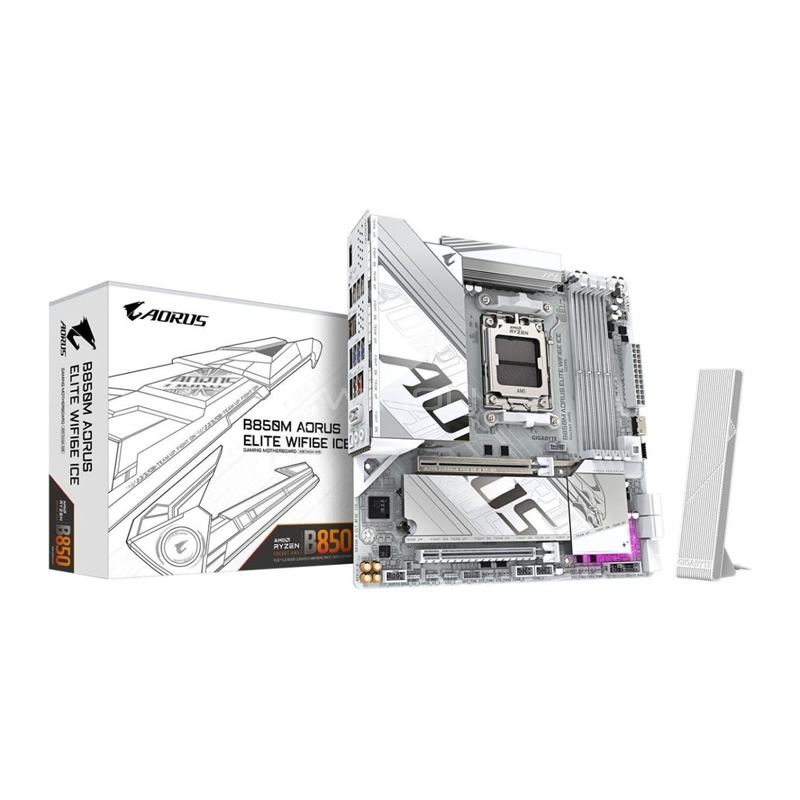 Placa Madre GIGABYTE B850M AORUS ELITE WIFI6E ICE (AM5, DDR5, PCIe 5.0, Wi-Fi 6E, 2x M.2, Micro-ATX)