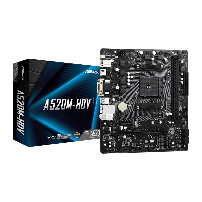 Placa madre ASRock A520M-HDV (AM4, DDR4-4733+ OC, M.2, HDMI/DVI/VGA, Micro-ATX)