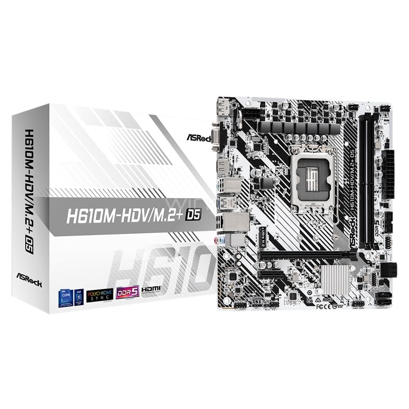 Placa madre ASRock H610M-HDV/M.2+ D5 (LGA1700, DDR5-5600, M.2, HDMI/DP/VGA, Micro-ATX)