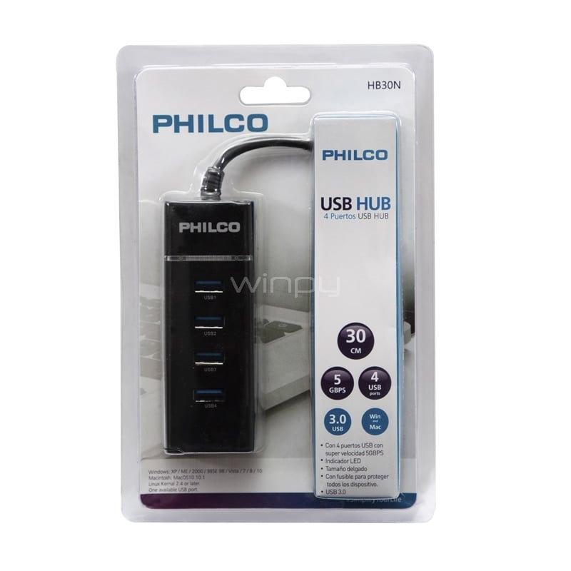 Hub USB 3.0 Philco 4 Puertos con Luz (4×USB-A, cable integrado)