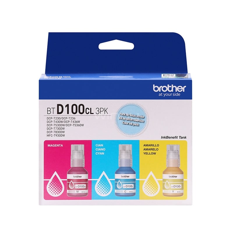 Pack de Tinta Brother BTD100CL3PK Colores (C, M, Y, Rendimiento 5000 págs)