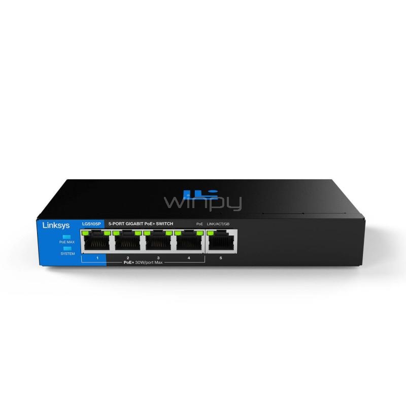 Switch Linksys LGS105P de 5 Puertos (GE, 4 Puertos PoE+, 60W, Metálico)