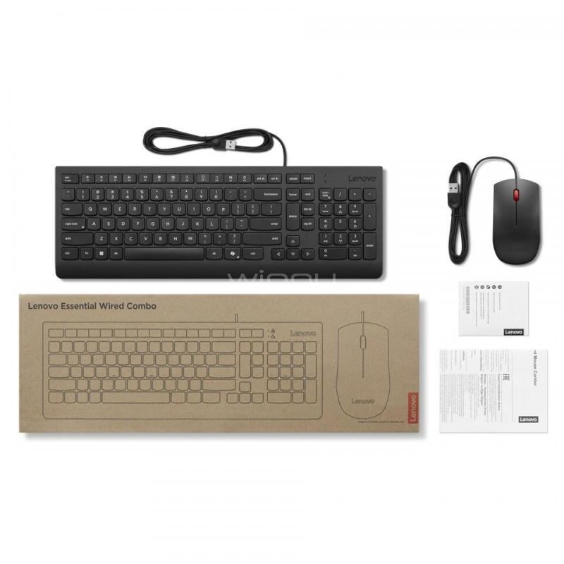 Kit de Teclado y Mouse Lenovo Essential Wired Combo (Espa&ntilde;ol, USB, 1600DPI, Resistente a derrames)