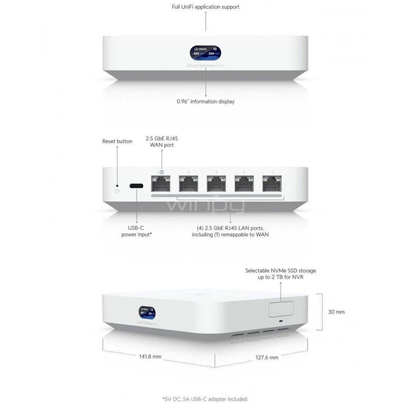 Router Ubiquiti Cloud Gateway Max de 5 Puertos (UniFi, 2.5 GbE RJ45)