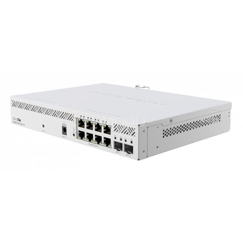 Switch Mikrotik de 10 Puertos (PoE+ 8 Puertos Giga RJ45 + 2 Puertos SFP+ 10Gbps, SwitchOS Lite)
